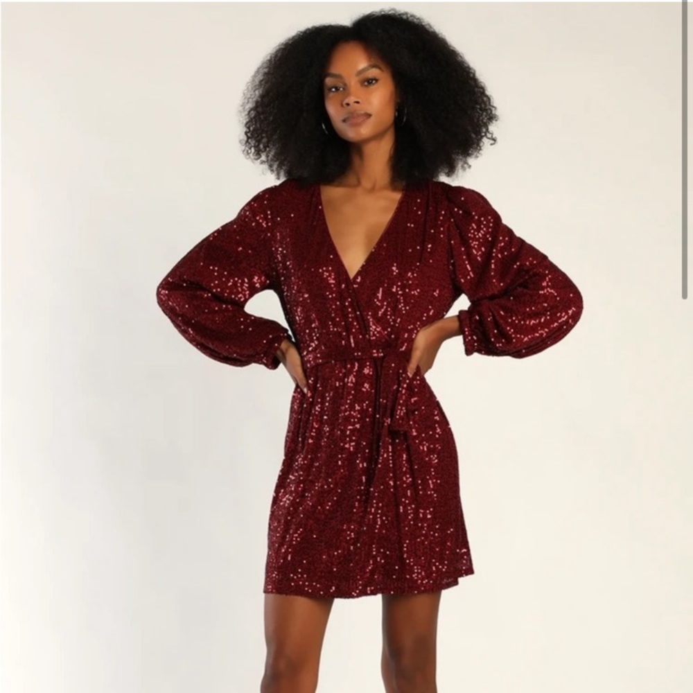 Lulus Sparkly Darling Burgundy Sequin Long Sleeved Wrap Dress
